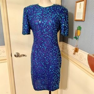 Vintage 80s Scala Sz Med Blue Green Silk Sequined